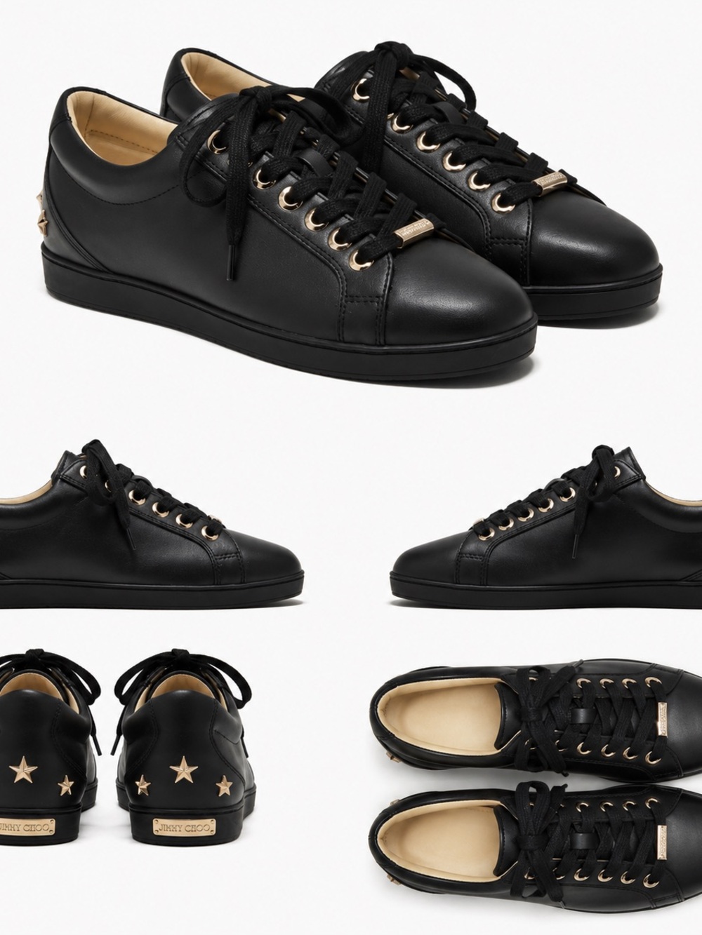 Jimmy Choo Black Leather Low-Top Sneakers with Gold Accents . New ✨⭐️🌟